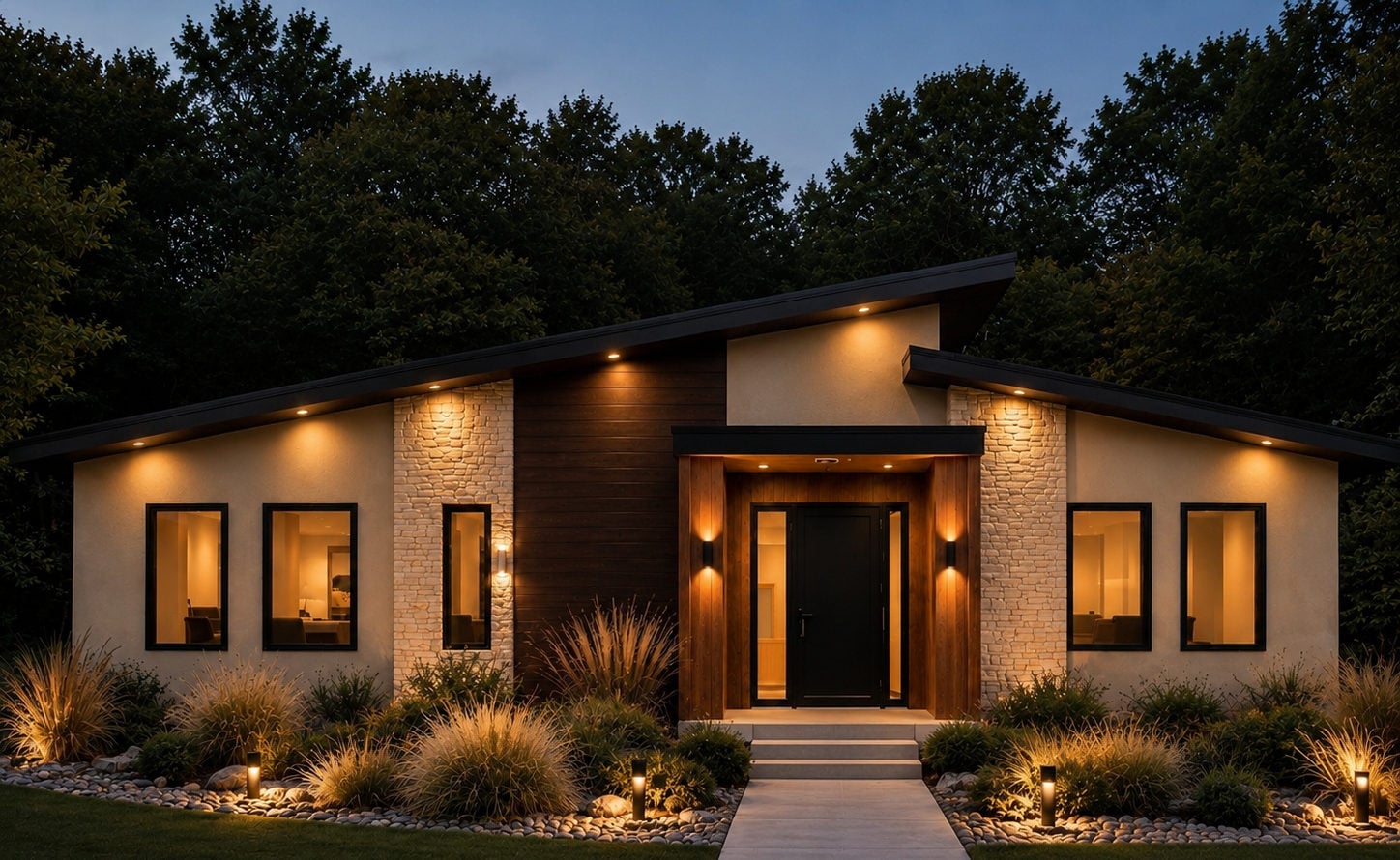 The 316 — modern ranch elevation at dusk in stone, cedar and dark siding
