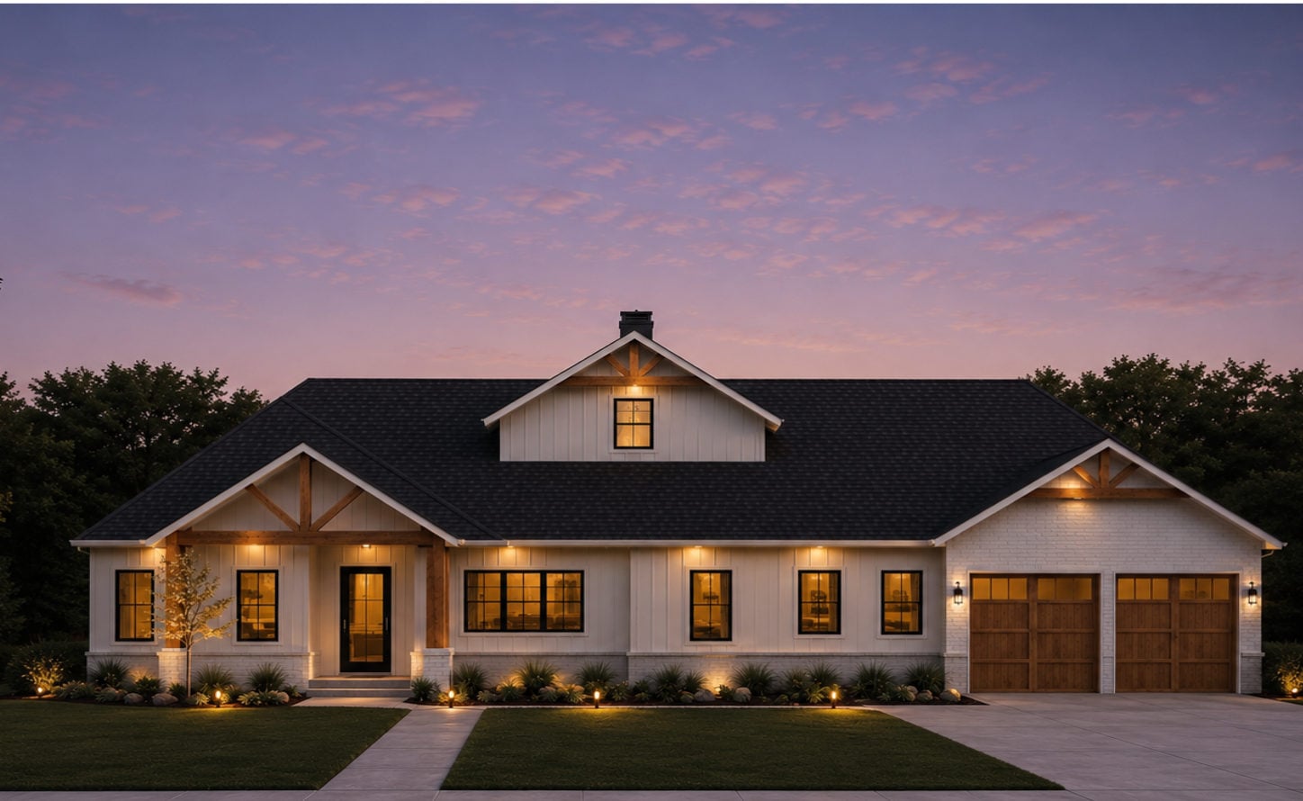 The ELLM — long low craftsman farmhouse with cedar gable trusses at twilight