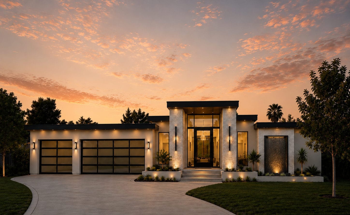 The Fall — contemporary residence with glazed entry and full-view glass garage doors